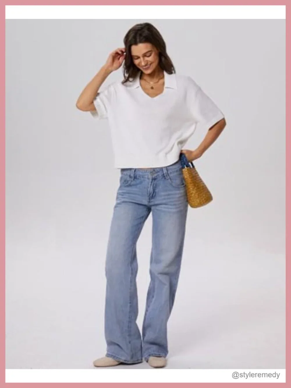 Women's Polo V-Neck Knit Top Short Sleeve Pullover Sweater Cotton Loose Fit